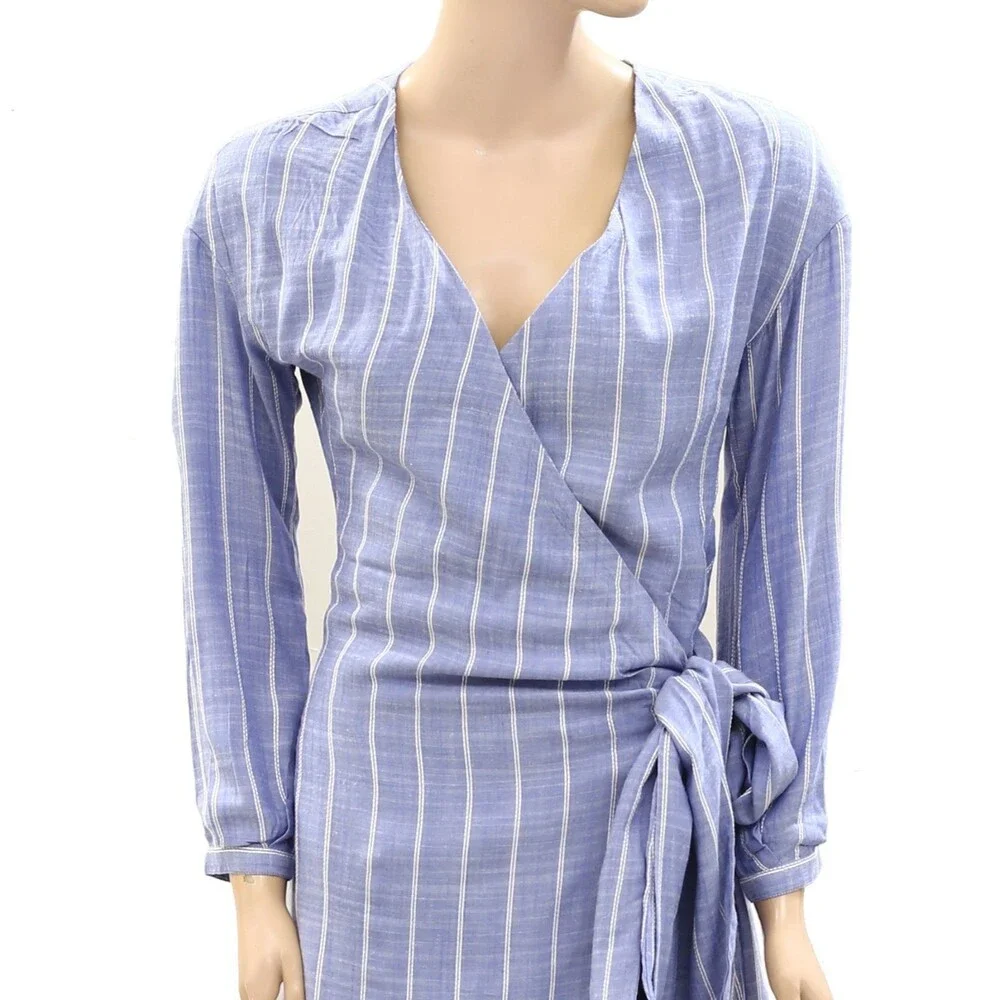 Sezane Robe Laurette Midi Dress Wrap Striped Embroidered Long Sleeve S-36 286663
